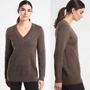 Athleta Teton V-neck Chunky Oversized Cotton Blend Sweater Brown Large